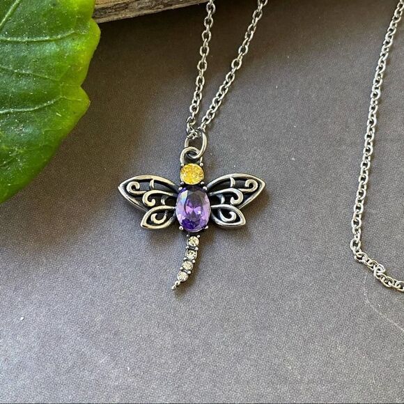 Dragonfly Purple & Yellow CZ Stainless Steel Necklace - Picture 2 of 3